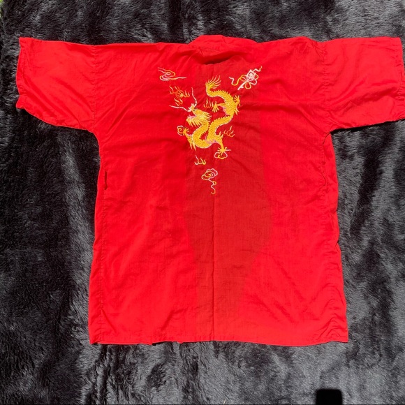 Vintage dragon embroidered kimono house coat Unisex design China red - Picture 4 of 11